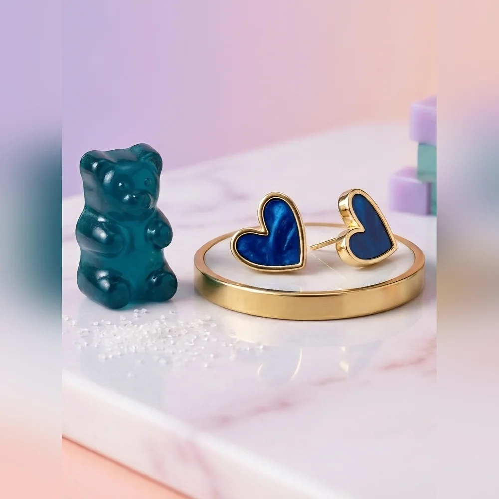 Royal Blue Enamel Heart Stud Earrings Gold Tone Minimalist Y2K Preppy Jewelry